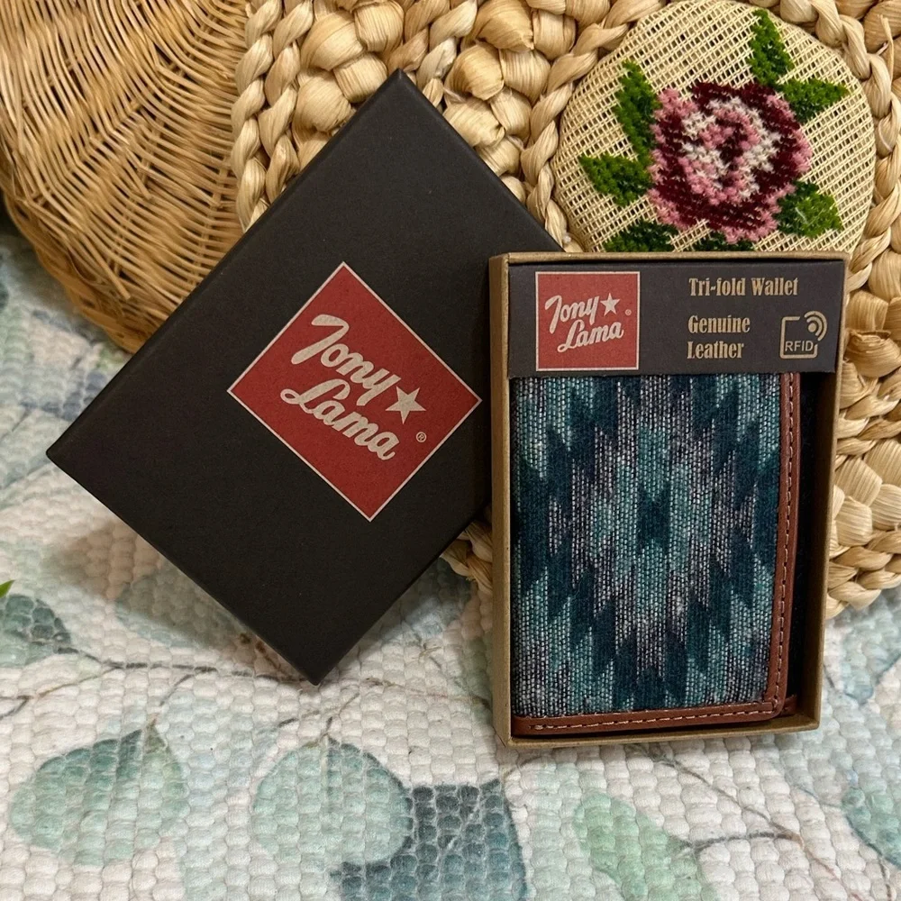 New Tony Lama Tri-Fold Wallet RFID Blue Aztec Canvas Leather Cowboy Western